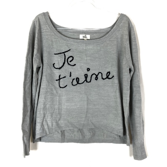 Black Poppy | Je T'aime I Love You Gray Slouchy Acrylic Sweater L - Picture 1 of 6